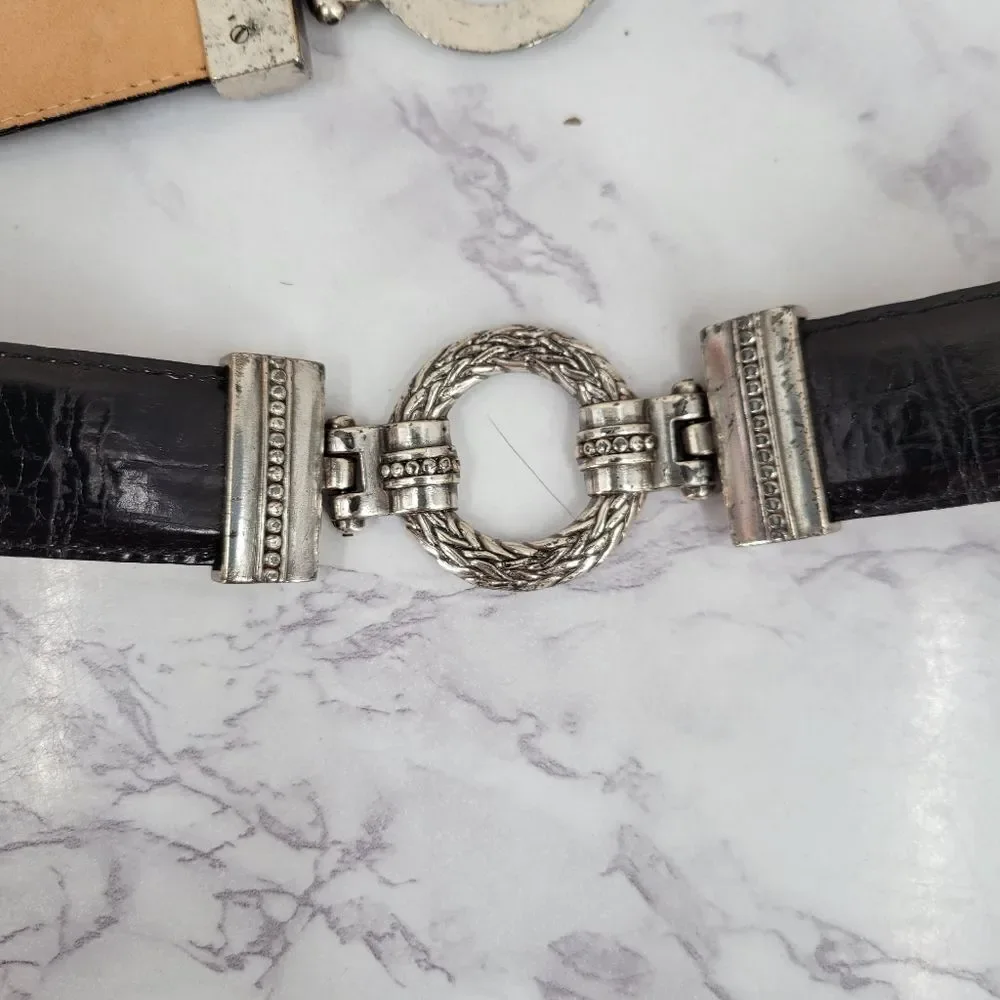 Vintage Black Italian Calfskin Leather Belt with Silver Tone Hardware